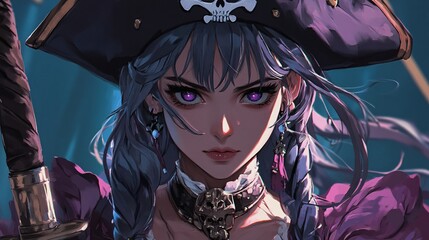Naklejka premium A pirate queen with a pirate hat and a cutlass, anime style