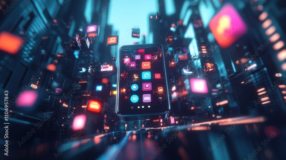 Poster smartphone app icons floating in futuristic cityscape