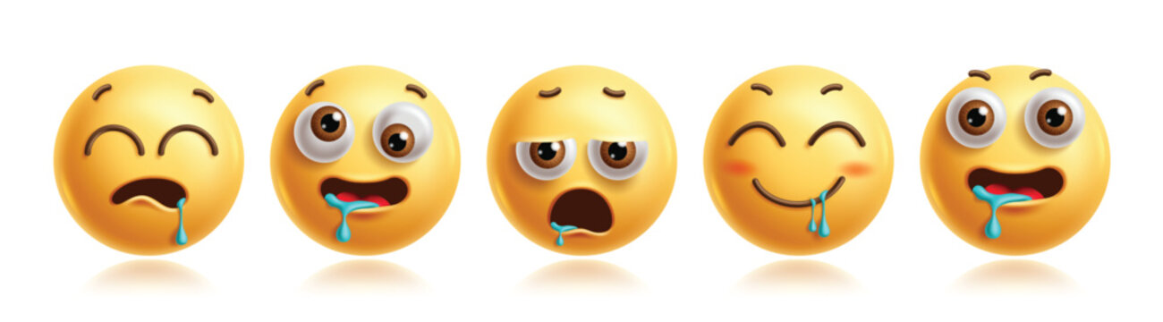 Drooling emojis clipart characters set. Emoji 3d character in hungry, craving, open mouth saliva, thirsty, desire, excited and grinning facial expression. Vector illustration drooling emoticons clip 