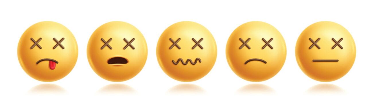 Dead emojis clipart characters set. Emoji 3d character in crossed eye, tired face, dizzy, exhausted, unconscious and drained facial expression graphic elements collection. Vector illustration dead