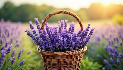 Basket of lavender flowers in field