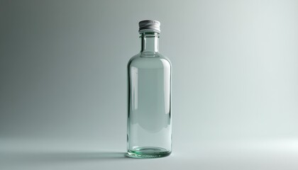 A clear glass bottle with a silver cap