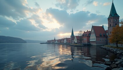 A serene harbor with quaint houses reflecting off the water's surface during sunset