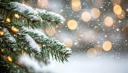 Obraz premium Close-up of green pine tree branches with snow and bokeh lights in the background