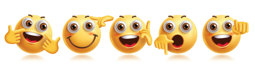 Emojis hands clipart characters set. Emoji pointing finger, up, down, signal, gesture, funny, happy and enjoy facial expression yellow graphic elements. Vector illustration hands gesture emoticons 