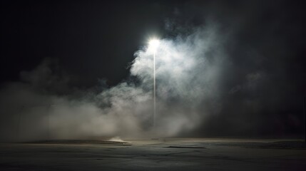 Nighttime urban scene featuring a lightpost and fog