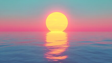 Majestic sunset with a yellow sun setting over the ocean, reflecting on the water under a blue sky with pink and orange gradients