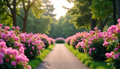 Walkway through pink blossoms with green trees in background