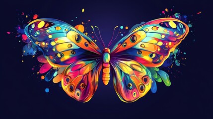 A vibrant, colorful butterfly with a blue background and splashes of paint.