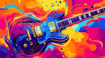 A colorful illustration of an electric guitar on a vibrant background.