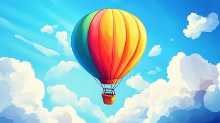 Naklejka premium A colorful hot air balloon floats in a bright blue sky with fluffy clouds.