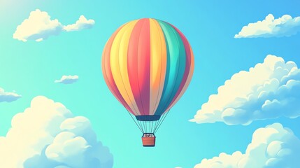 Naklejka premium A colorful hot air balloon floats in a bright blue sky with fluffy clouds.