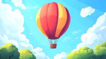 Naklejka premium A colorful hot air balloon floats in a bright blue sky with fluffy clouds.