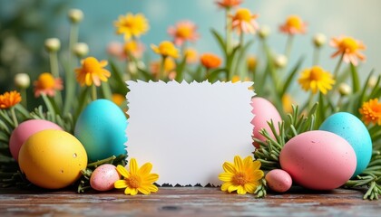 Easter display with pastel eggs and flowers