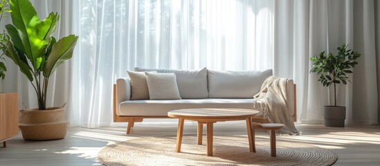 Minimalist living room interior with a white sofa, wooden coffee table, a throw blanket, and two plants in pots.