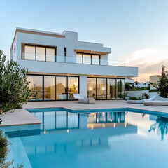 Fototapeta premium Modern and minimalist house with garden swimming pool