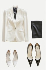 White blazer, black pants, white and black heels.