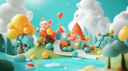 Whimsical Cat Scene with Colorful House and Trees