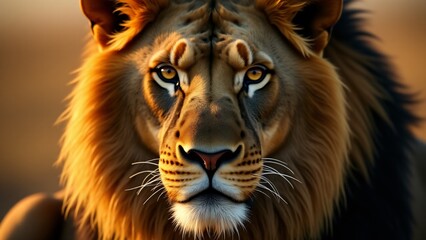 Fototapeta premium A powerful close-up portrait of a lion, focusing on its golden eyes, strong jawline, and detailed mane. The background is softly blurred, enhancing the lion's majestic presence.