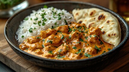 Fototapeta premium A bowl of chicken tikka masala with rice and naan bread.