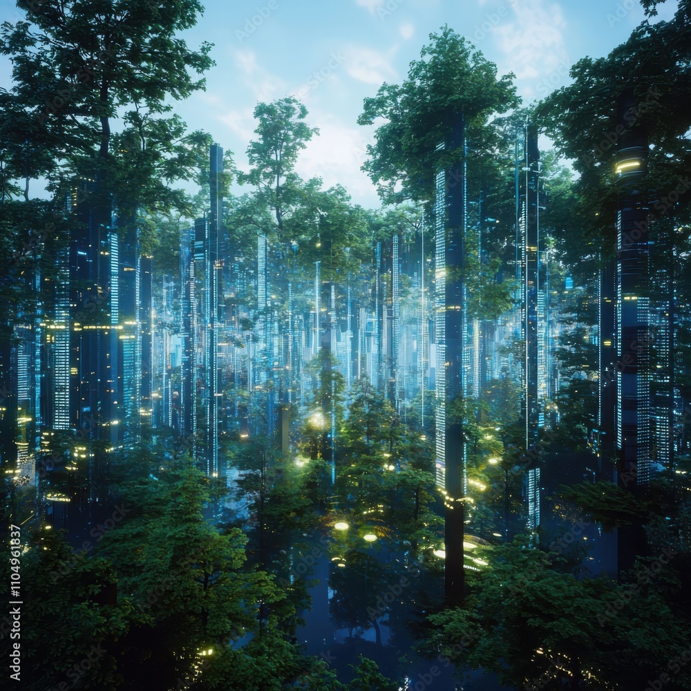 Poster exploring the dreamlike woodland of illuminated data pathways and pulsing technology in a computatio