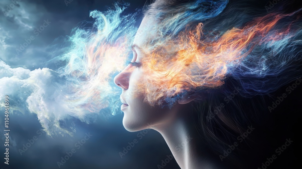 Poster exploring consciousness through ethereal mindscapes and flowing thought streams in an abstract psych