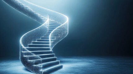 a futuristic staircase made of holographic light beams, spiraling upwards in a digital environment