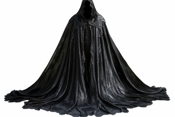 Naklejka premium Dark hooded cloak, ornate fabric, floor-length.