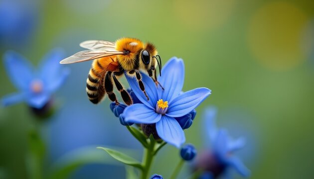 A bee visits a blue flower in a field