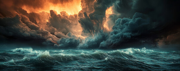 Fototapeta premium Dark storm clouds gather over ocean, creating ominous atmosphere with turbulent waves and dramatic lighting. scene evokes sense of impending storm and nature power