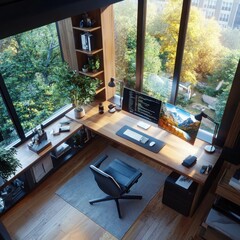 Create a cozy yet mindbending workspace for ultimate productivity home office digital content modern environment aesthetic view nature-inspired design