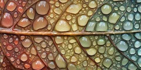 Falling droplets with reflections Shiny leaf A detail