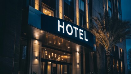 Outdoor front view of luxury hotel building entrance at night illuminated with glowing light text sign. Urban glass facade architecture exterior view, nobody, empty, door, tourism resort place	
