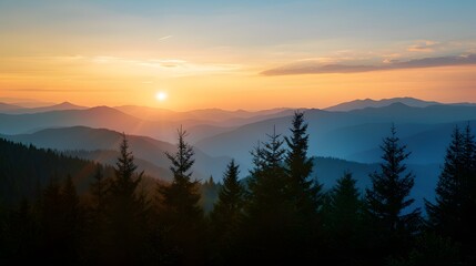 Majestic Sunset Over Layered Mountain Ranges