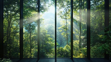 Enchanted quatrefoil-framed vista of a dreamlike forest shimmering light tranquil nature scene serene environment captured landscape concept