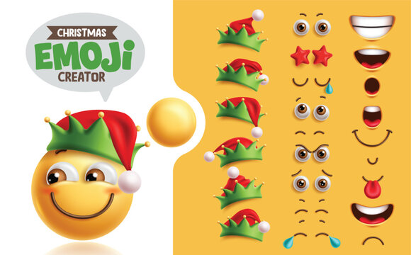 Emojis elf creation kit clipart set. Christmas emoji elf character with smiling happy face, eyes, mouth and hat collection for facial expression mock up. Vector illustration elf emoticon creation kit 
