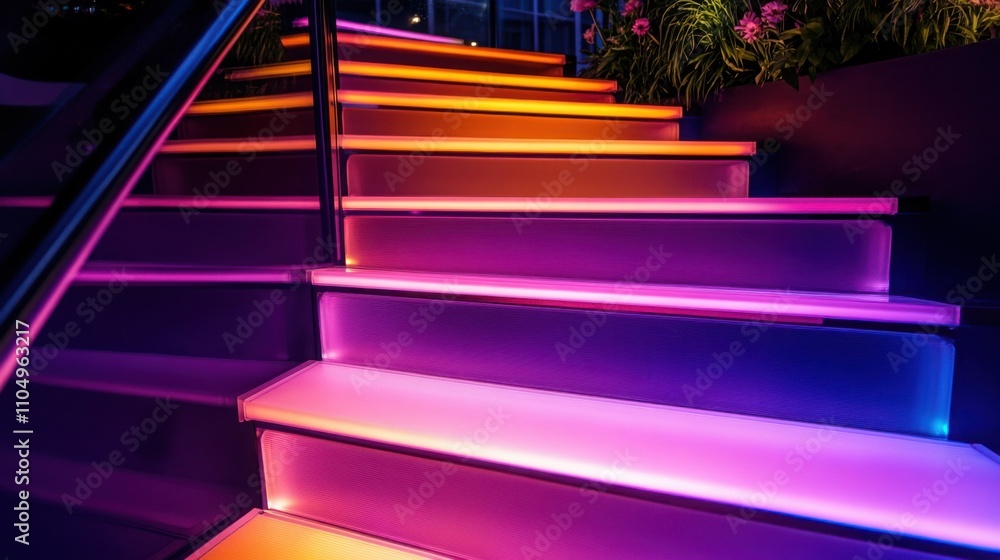 Poster a staircase with translucent glass steps filled with colorful led lights, changing colors dynamicall