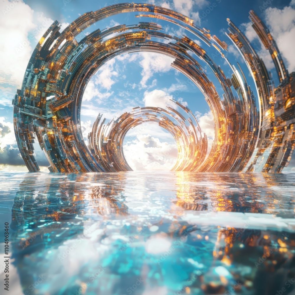 Poster exploring emergent architecture motherboard-inspired structures in a kaleidoscopic otherworldly sett
