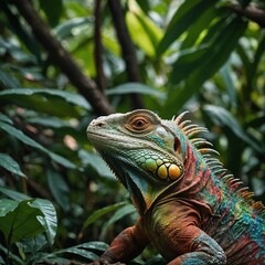 Fototapeta premium A colorful iguana sitting peacefully in a lush jungle canopy.