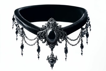 Ornate black velvet choker, dark stones, chains.