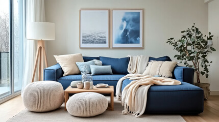 Two knitted poufs near dark blue corner sofa. Scandinavian home interior