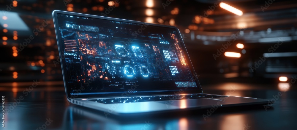 Poster a modern laptop computer with a bright blue glowing screen displaying charts and graphs against a da