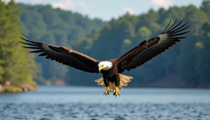 Obraz premium A bald eagle soaring through the air above a body of water with trees in the background