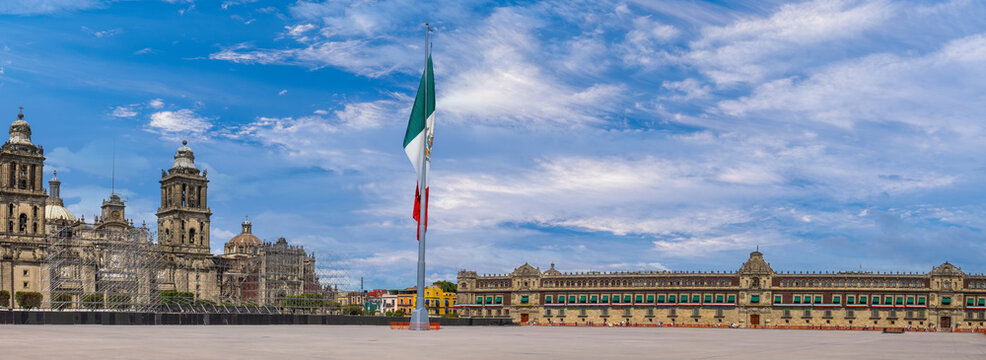 Mexico City Central Zocalo Constitution Plaza and landmark Metropolitan Cathedral near Presidential Palace