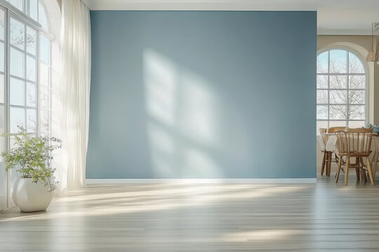 Modern interior design of apartment, empty living room with blank blue wall