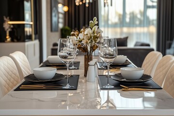 A luxurious dining table in a modern house, showcasing a stylish and elegant setting with high-end decor.