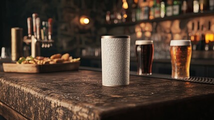 Craft Beer Social Gathering: Tumbler Mockup on Rustic Bar Counter with Pub Snacks and Casual Atmosphere