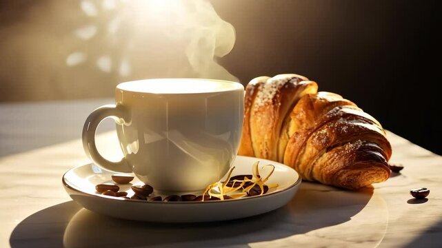 Close up of cap of coffee with smoke on table. 