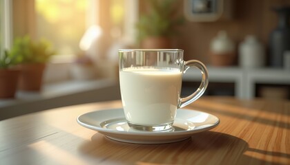 Fototapeta premium White glass mug filled with milk sitting on a saucer