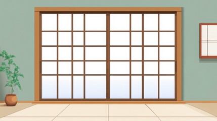 traditional Japanese sliding shoji door with a wooden frame and white paper panels